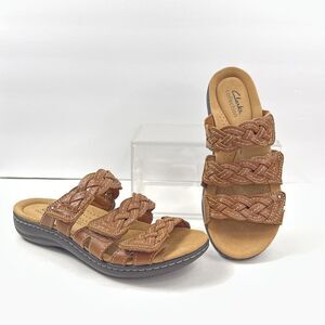 Clarks Sandals Womens 7 Brown Tan Leather Braided Adjustable Slide Laurieann Rio